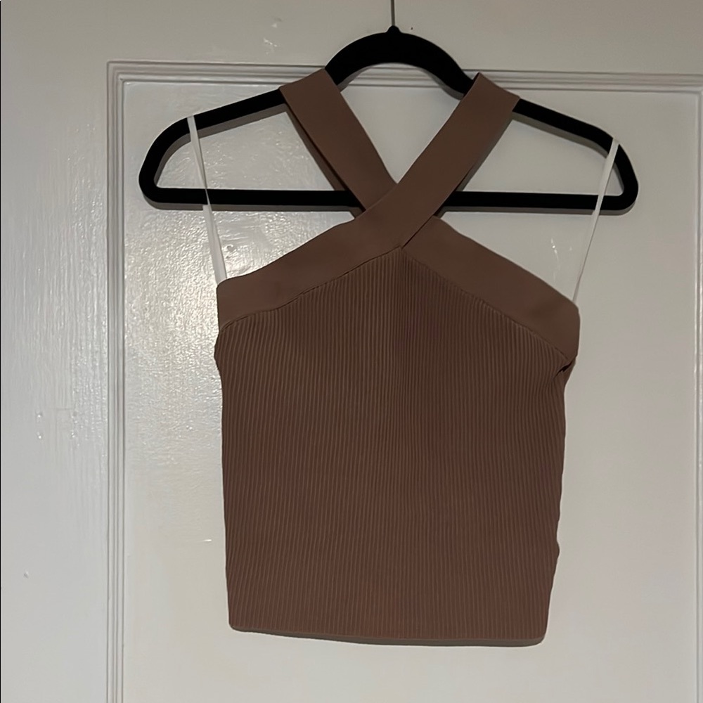 Babaton Brown Cross Neck Ribbed Knit Tank